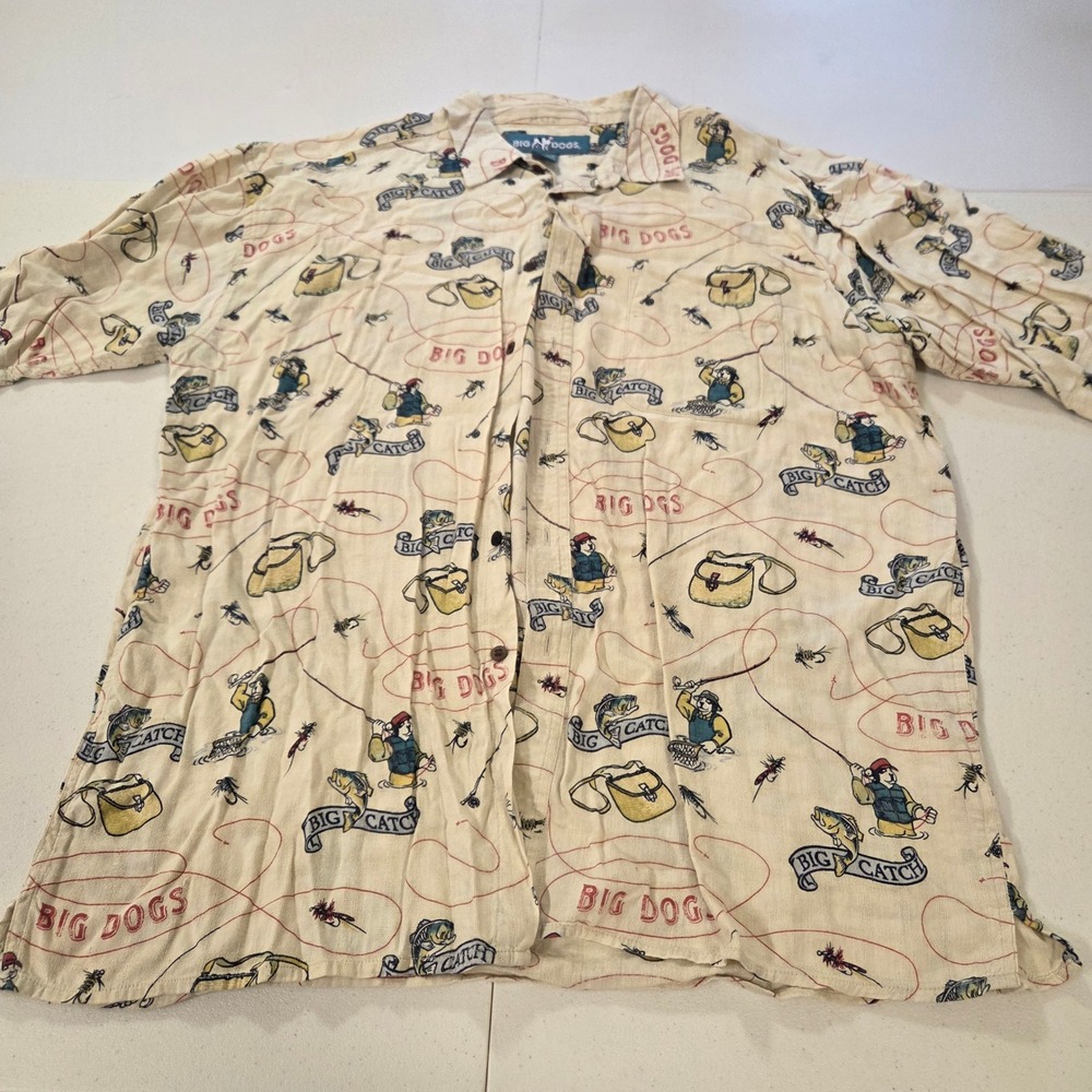Big Dogs Mens 2X Big Catch Fishing Graphic Button Up Shirt Cream Short Sleeve